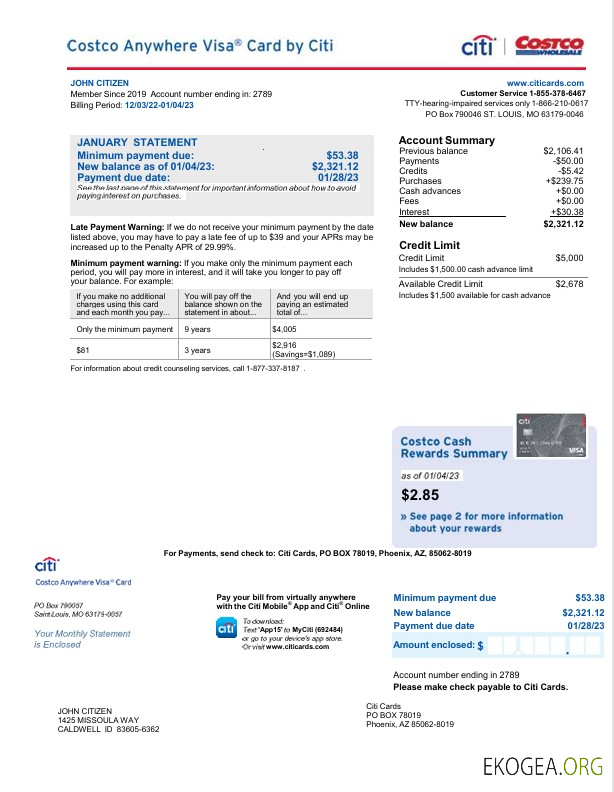 Modèle Word et PDF de relevé de carte bancaire USA Citi, 2 pages